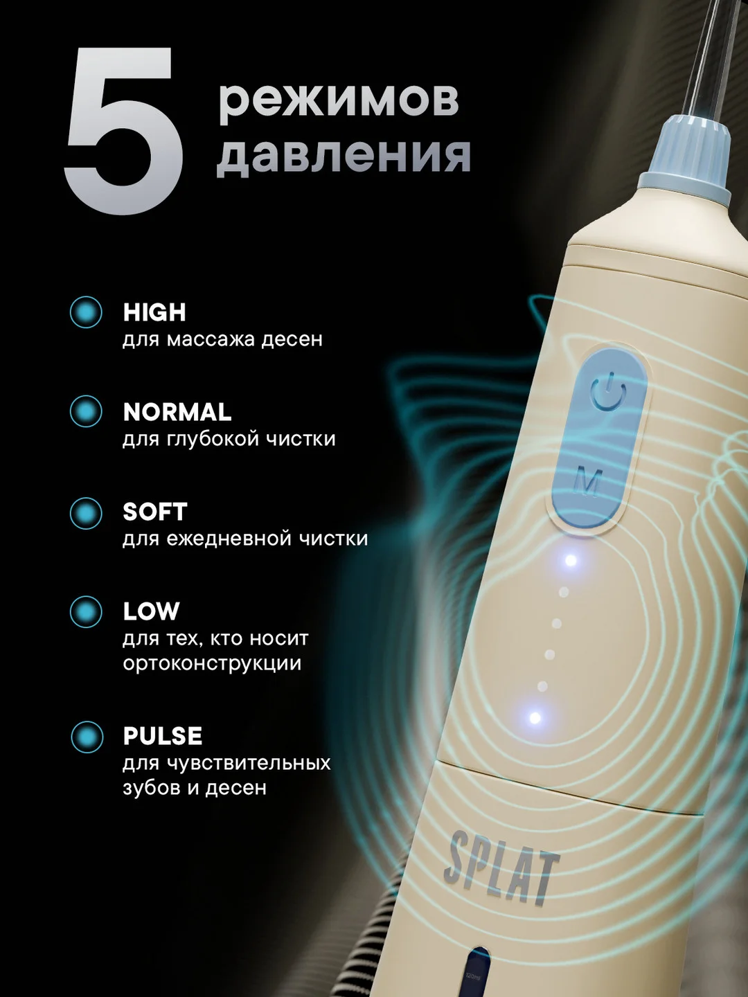Ирригатор портативный SPLAT Sense&Power, 6 насадок, водонепроницаемый, бежевый