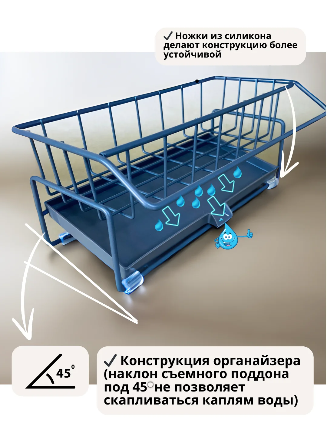 Тёмно-серый подставка для губки темно-серая, органайзер на кухню для хранения моющих средств