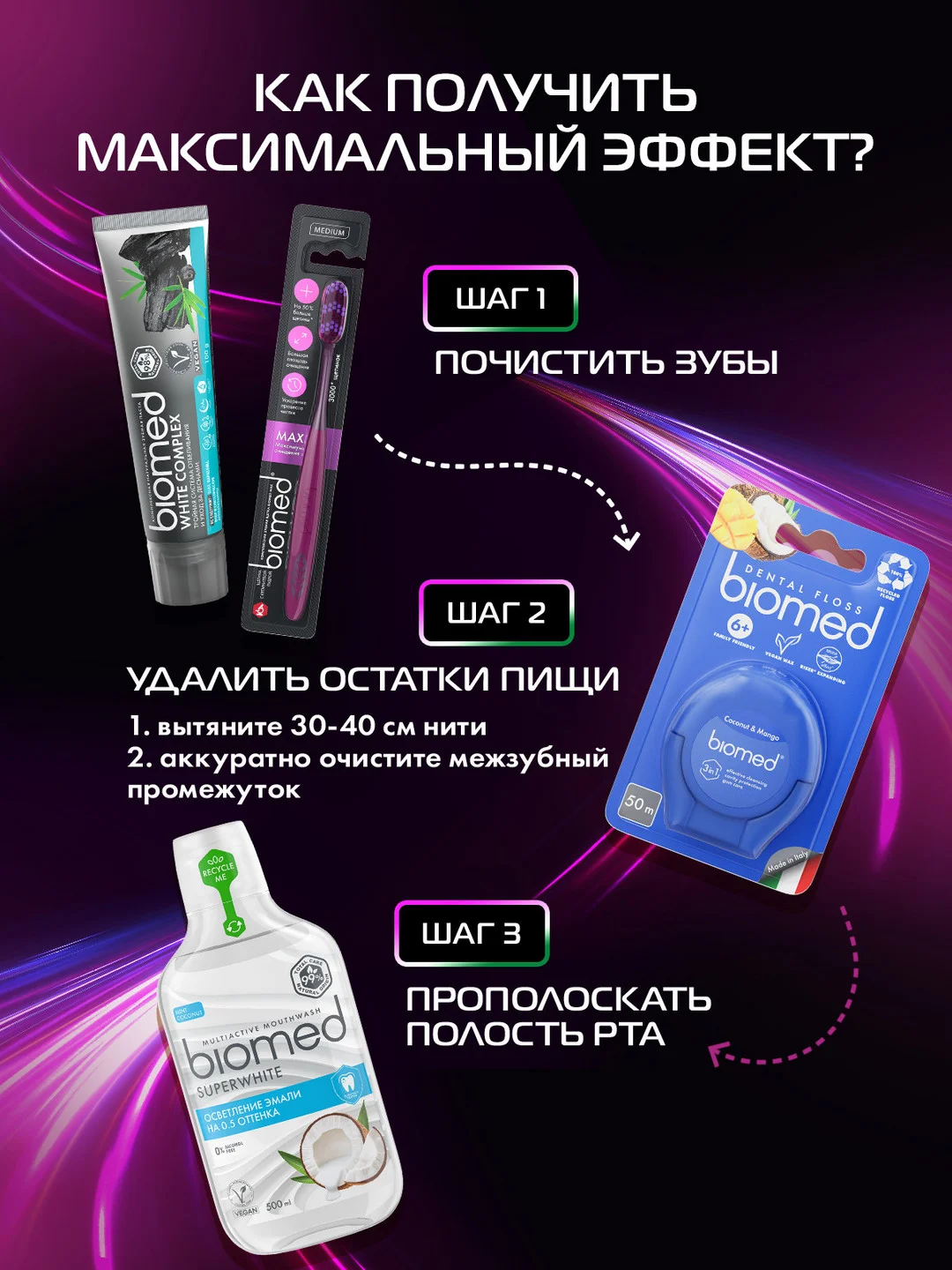 Комплексная зубная щетка BIOMED MAX MEDIUM, большая, средняя жесткость