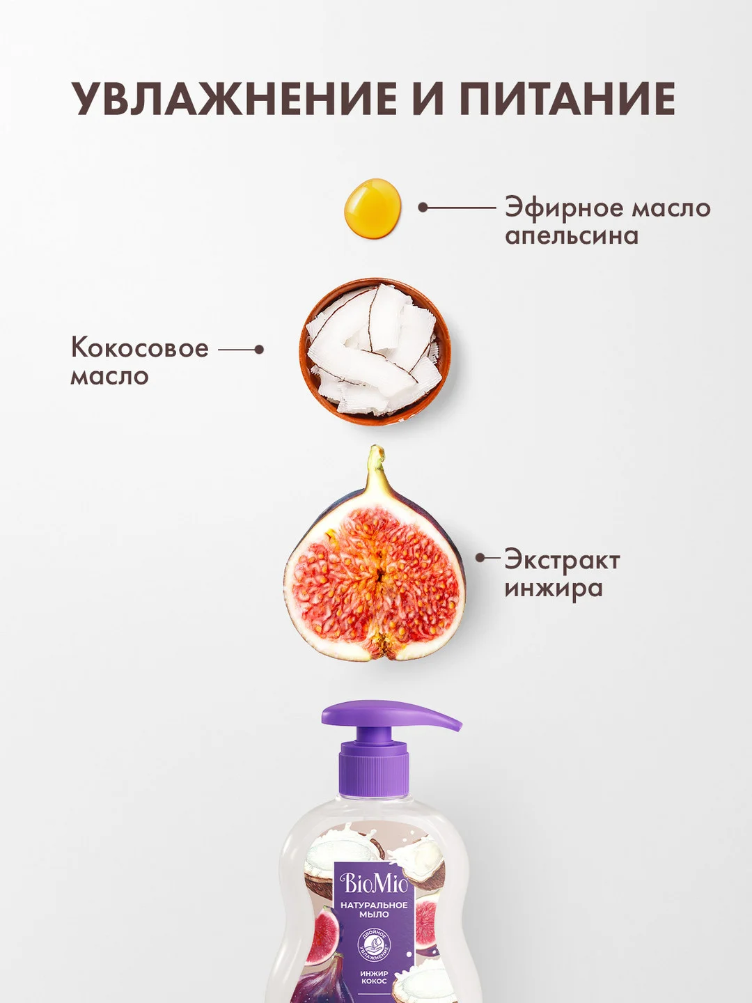 Жидкое мыло для рук, лица и тела эко BioMio, с экстрактом инжира и маслом кокоса, 300 мл