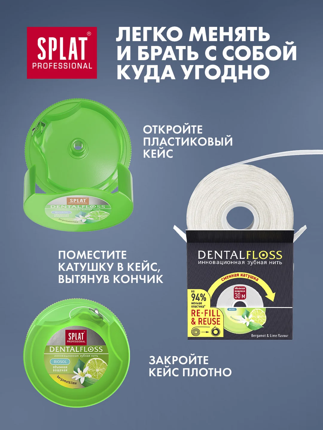 Зубная нить Splat Professional, вощеная, с ароматом бергамота и лайма, освежающая, 30 м