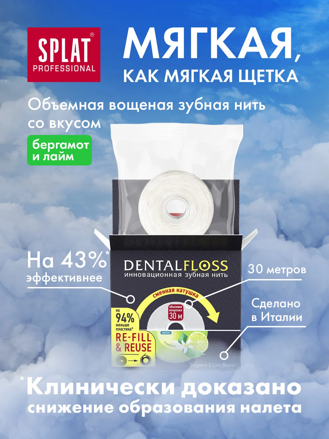 Зубная нить Splat Professional, вощеная, с ароматом бергамота и лайма, освежающая, 30 м