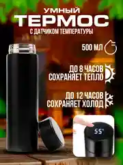 Черный термос для напитков 0,5 л с датчиком температуры, с ситечком
