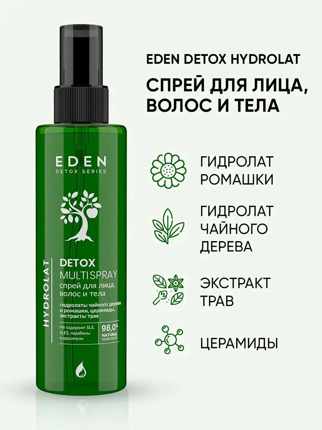 Спрей для лица волос и тела, гидролаты чайного дерева и ромашки DETOX Hydrolat, 200 мл