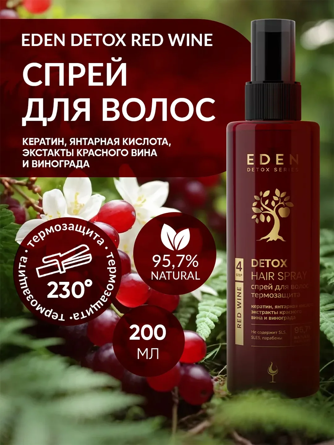 Спрей для волос термозащита, с экстрактом красного вина и винограда Red Wine Detox, 200 мл