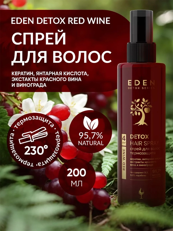 Спрей для волос термозащита, с экстрактом красного вина и винограда Red Wine Detox, 200 мл