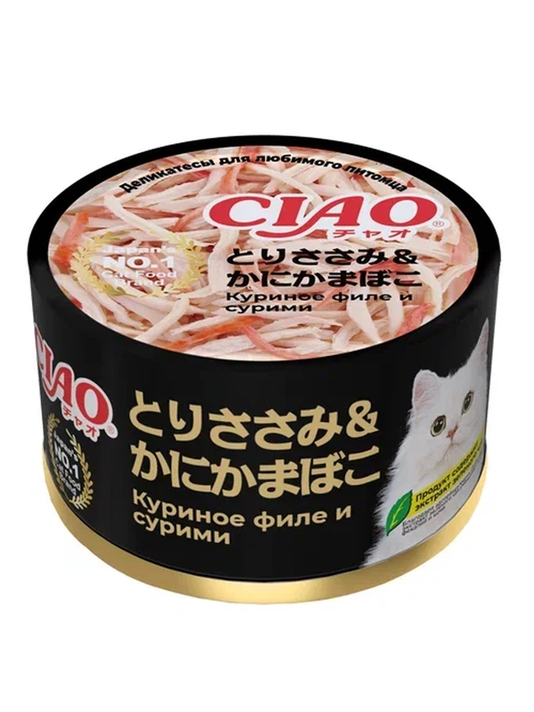 Влажный корм Inaba Ciao can куриное филе и сурими, 85 г
