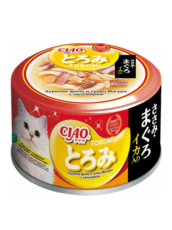 Инаба Inaba Ciao Toromi 80г кур.филе,тунец Магуро с кальмаром в бульоне доп.рацион д/кошек