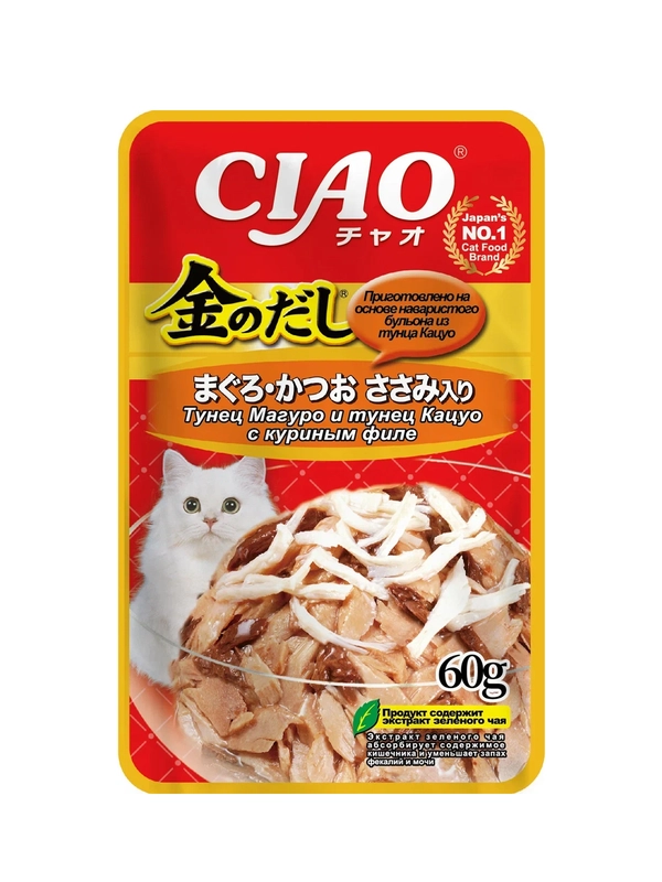 Влажный корм для кошек Inaba Ciao Kinnodashi, тунец Магуро и Кацуо, с куриным филе, 60 г