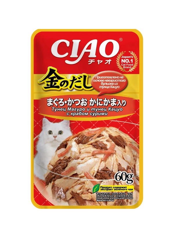 Влажный корм для кошек Inaba Ciao Kinnodashi, тунец Магуро, Кацуо, с крабом сурими, 60 г