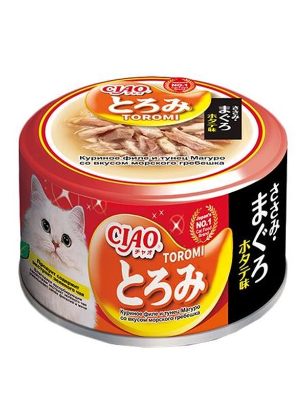 Влажный корм Inaba Ciao Toromi, куриное филе, тунец Магуро, морской гребешок, 80 г