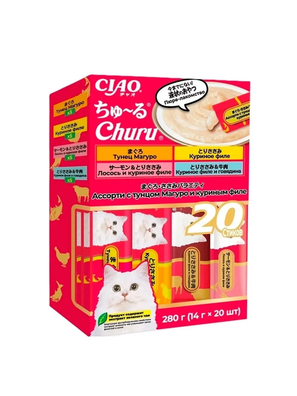 Лакомство для кошек Inaba Ciao Churu, пюре ассорти, тунец Магуро и куриное филе, 280 г