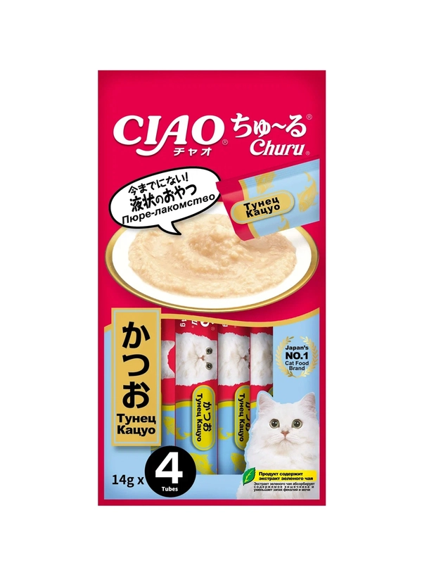Лакомство пюре тунец Кацуо INABA Ciao Churu, для кошек, 4 штуки по 14 г