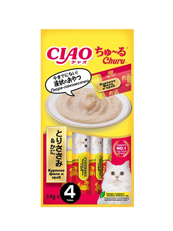 Лакомство пюре INABA Ciao Churu, куриное филе и краб для кошек, 4 штуки по 14 г