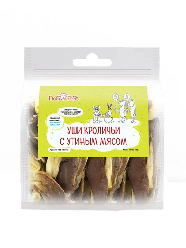 Лакомство для собак DOG FEST Уши кроличьи с утиным мясом, 500 г