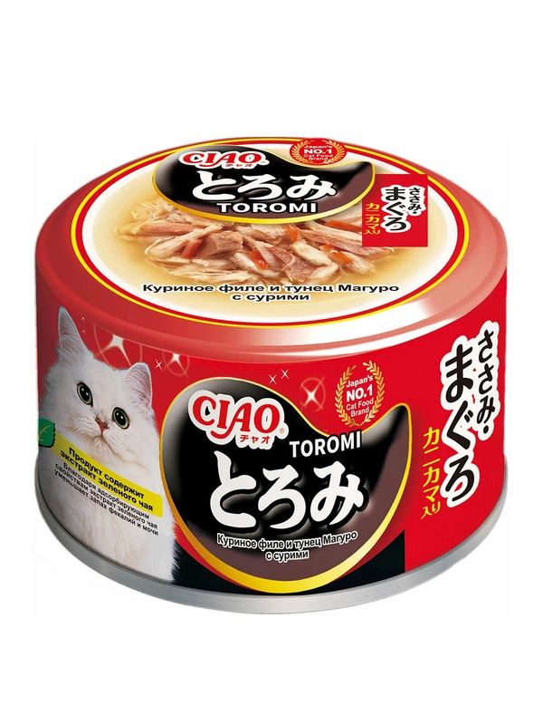 Влажный корм INABA Ciao Toromi, куриное филе, тунец Магуро с сурими, для кошек, 80 г