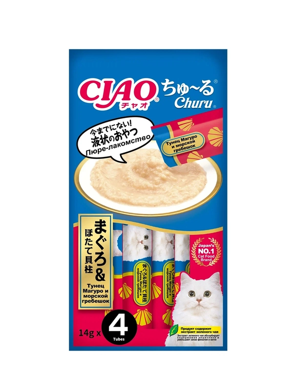 Лакомство INABA Ciao Churu, тунец Магуро и морской гребешок, для кошек, 4 штуки по 14 г