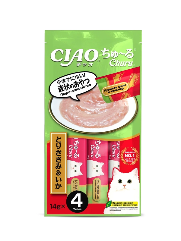 Лакомство INABA Ciao Churu, куриное филе и кальмар, для кошек, 4 штуки по 14 г
