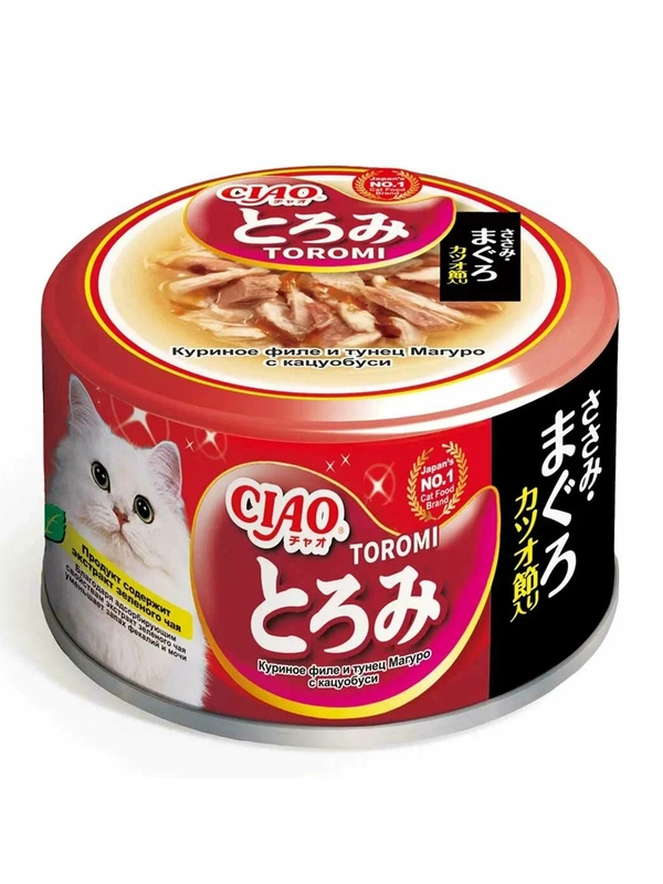 Влажный корм INABA Ciao Toromi, куриное филе, тунец Магуро с кацуобуси, для кошек, 80 г