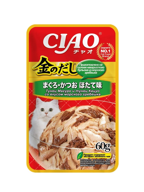 Влажный корм INABA Ciao Kinnodashi, тунец Магуро, тунец Кацуо, морской гребешок, 60 г