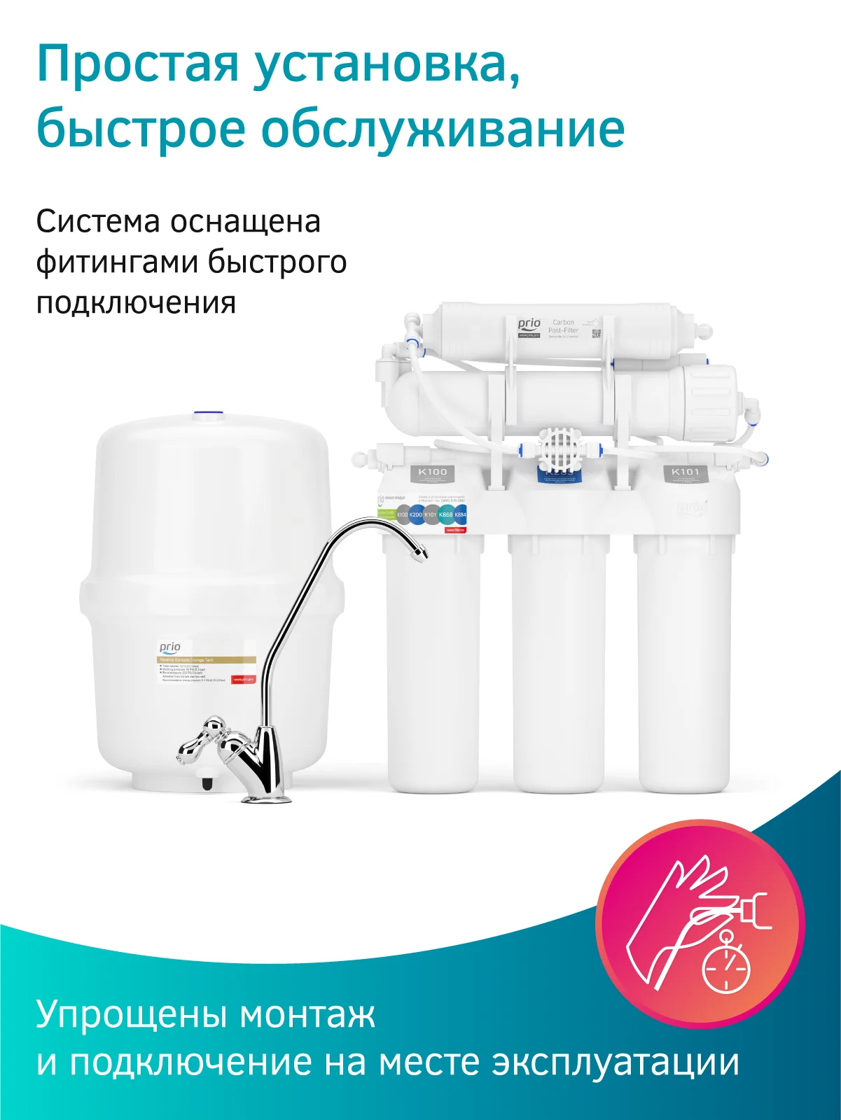 Фильтр для воды под мойку с обратным осмосом Prio OU380, 5 ступеней, Slim Line 10"