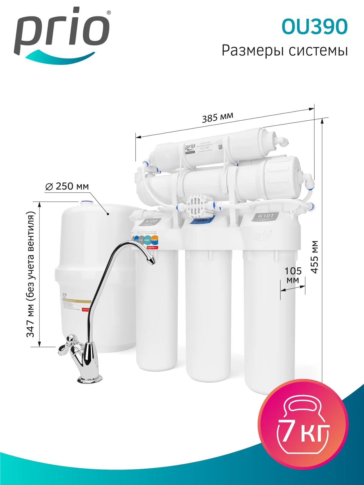 Фильтр для воды с обратным осмосом и минерализатором Prio OU390, 6 ступеней, Slim Line 10"
