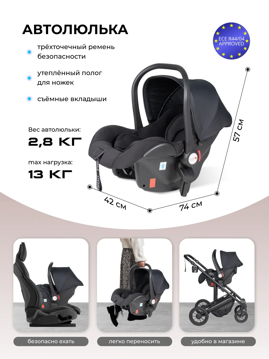 Черный коляска для новорожденных 3 в 1 Sola Trio Comfort с автолюлькой