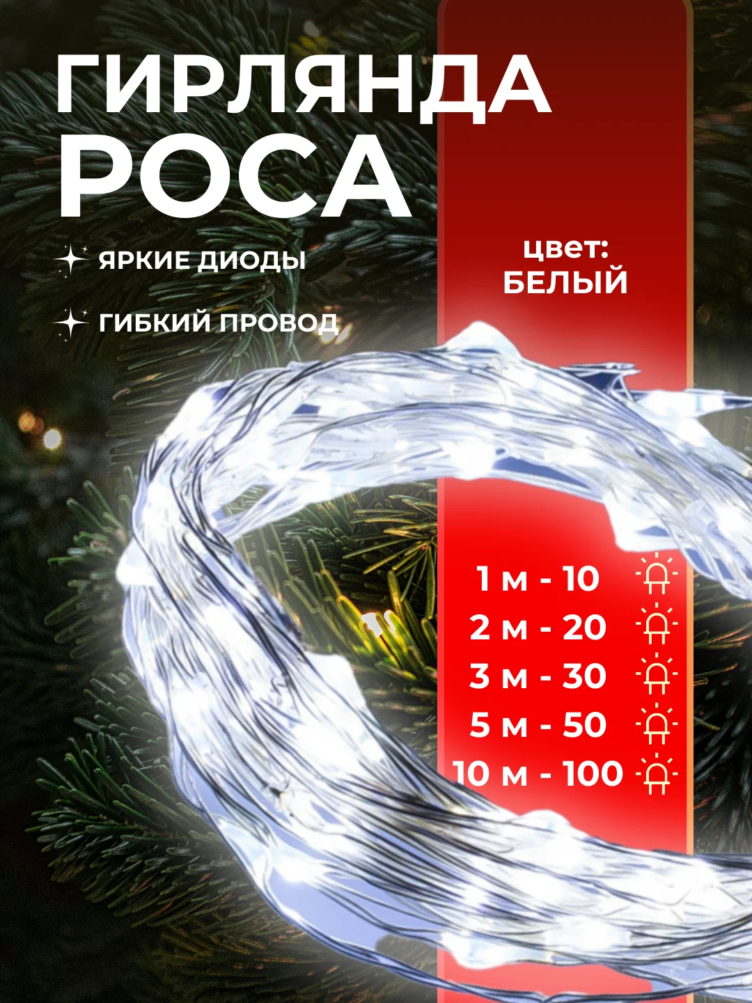 Белый гирлянда на батарейках и USB, светодиодная роса лента на Новый год