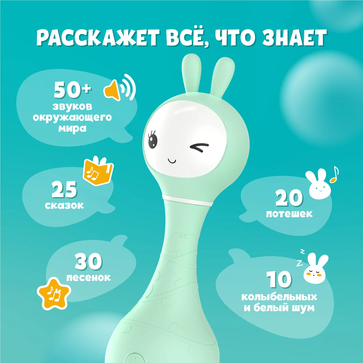 Мятный интерактивная обучающая музыкальная игрушка-погремушка "Умный зайка", ALILO R1