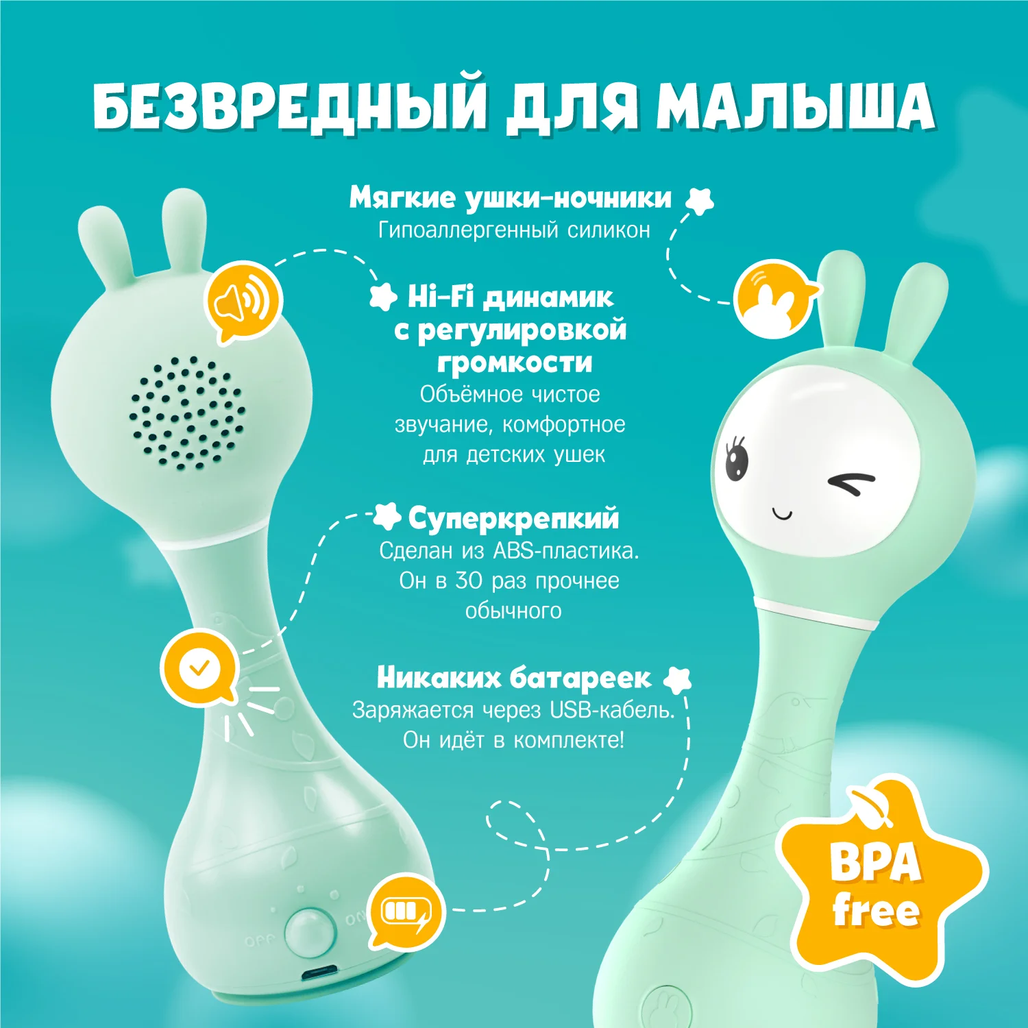 Мятный интерактивная обучающая музыкальная игрушка-погремушка "Умный зайка", ALILO R1