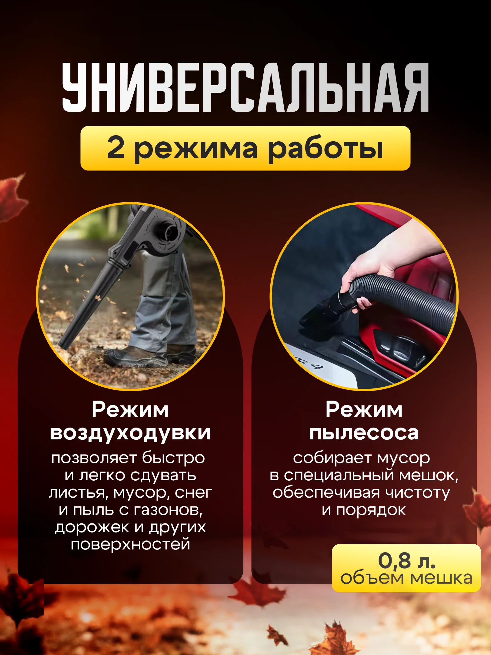 Воздуходувка-пылесос садовая, ветродуйка аккумуляторная, максимальная комплектация