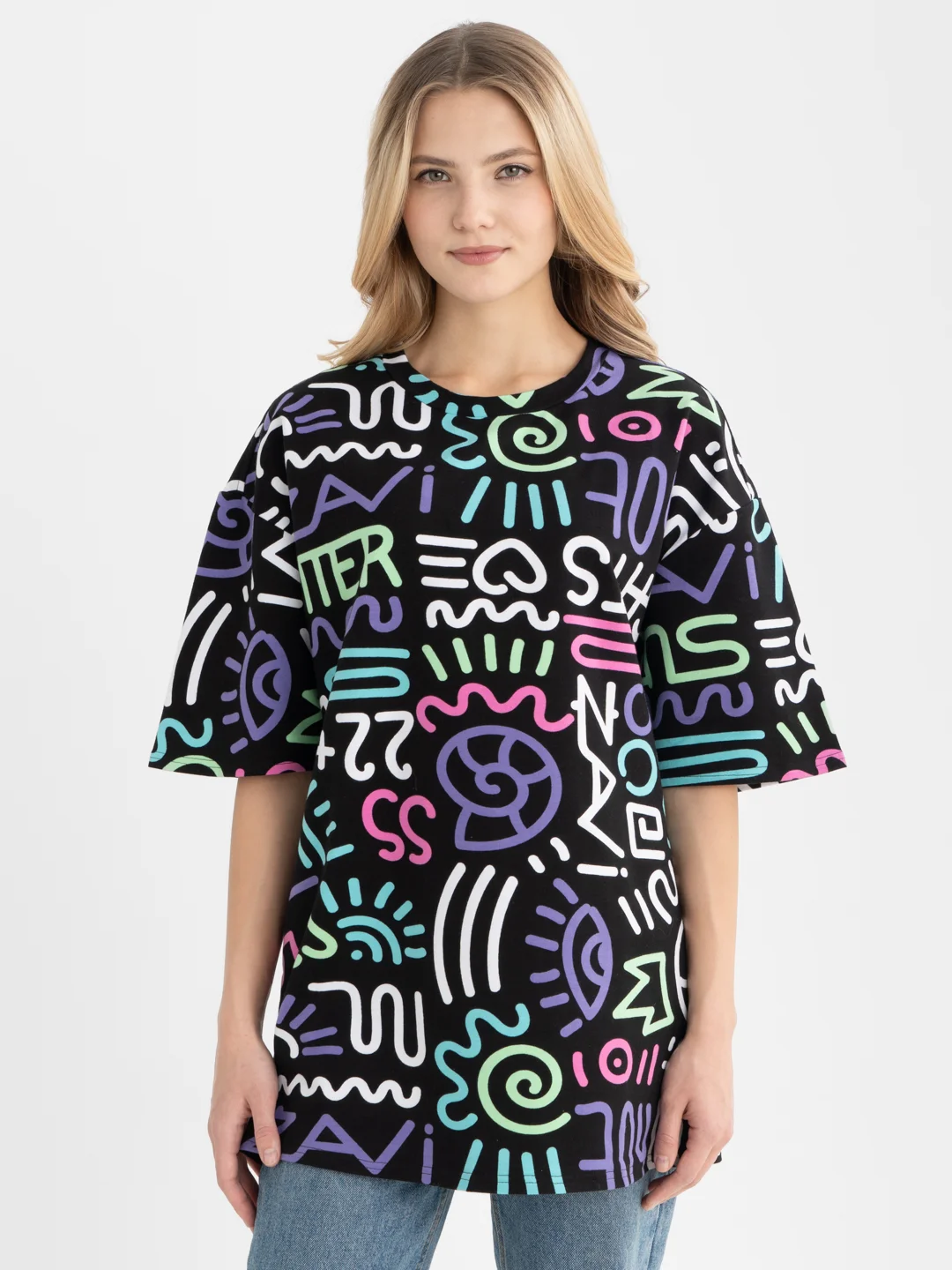 Разноцветный футболка повышенной плотности женская oversize удлиненная