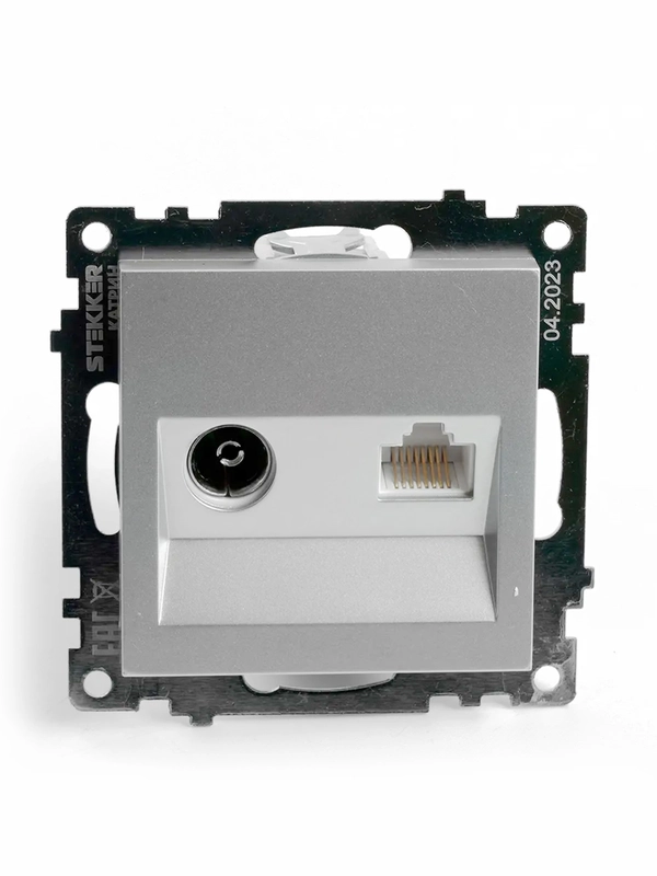 Розетка TV + компьютерная Stekker  GLS00-7106-03, RJ-45 (механизм), цвет серебро