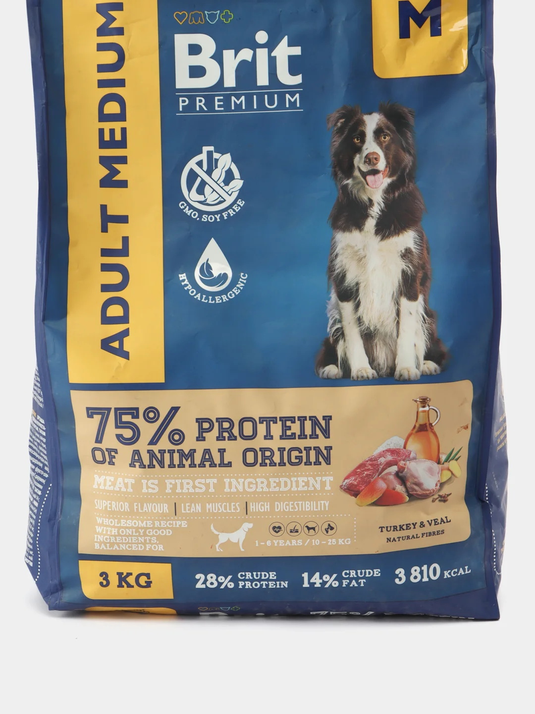 BRIT PREMIUM, Сухой корм с индейкой и телятиной для собак "Dog Adult Medium", 3 кг