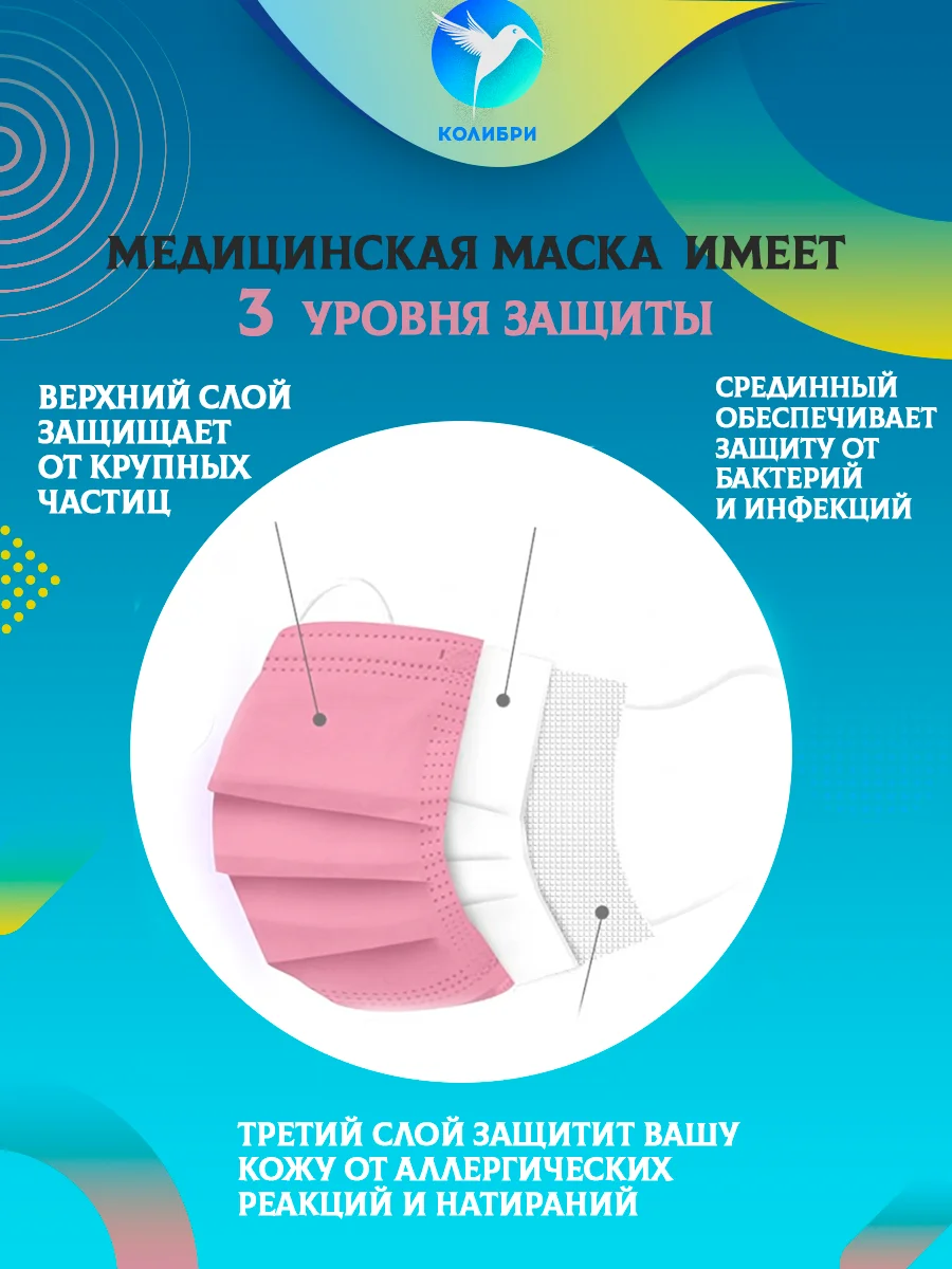 Розовый маска медицинская одноразовая цветная розовая фиолетовая зеленая оранжевая трехслойн 50 шт