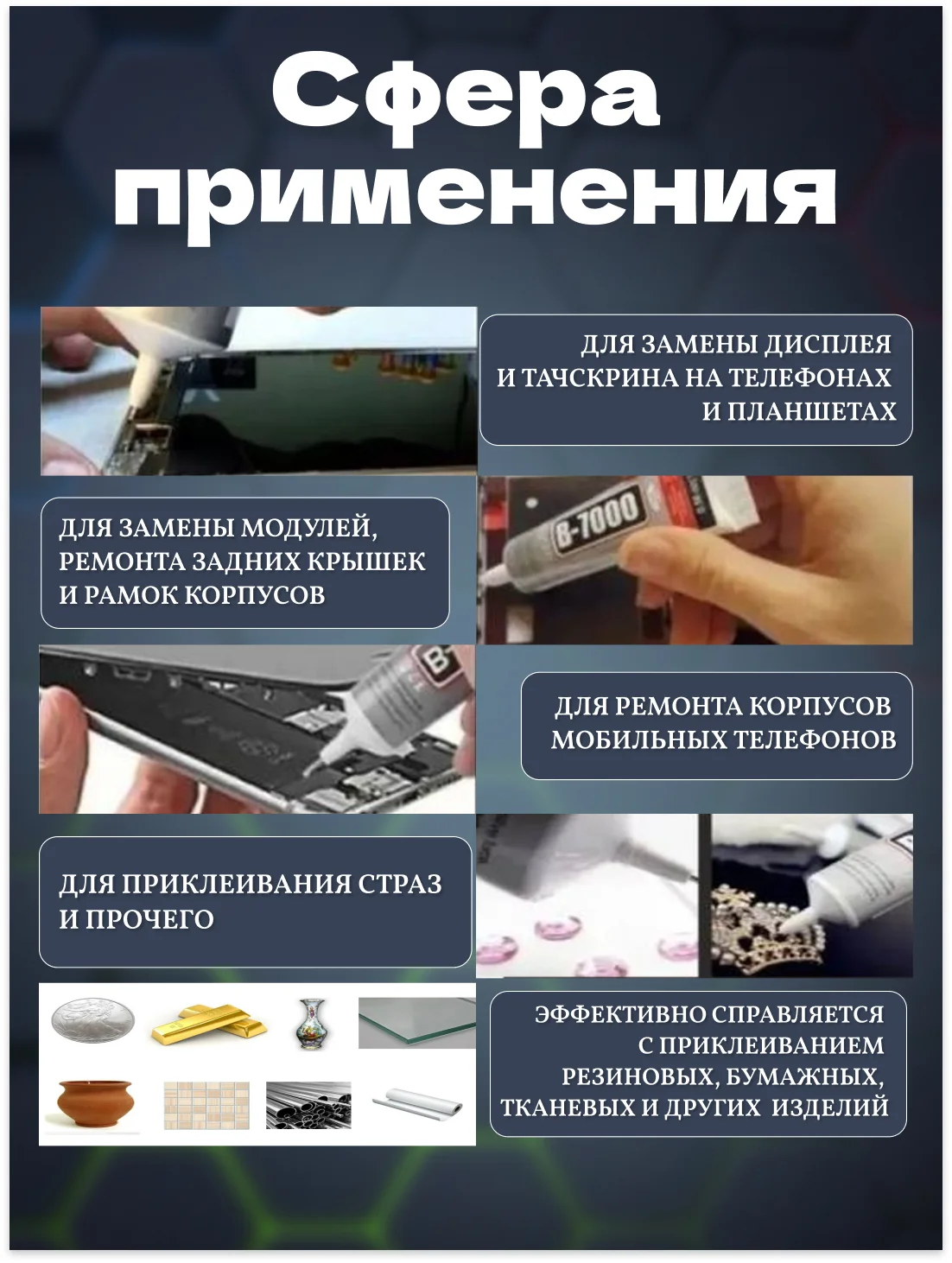 Клей-герметик B-7000 для телефонов, тачскринов, дисплеев 25 мл, 50 мл, Б7000 универсальный