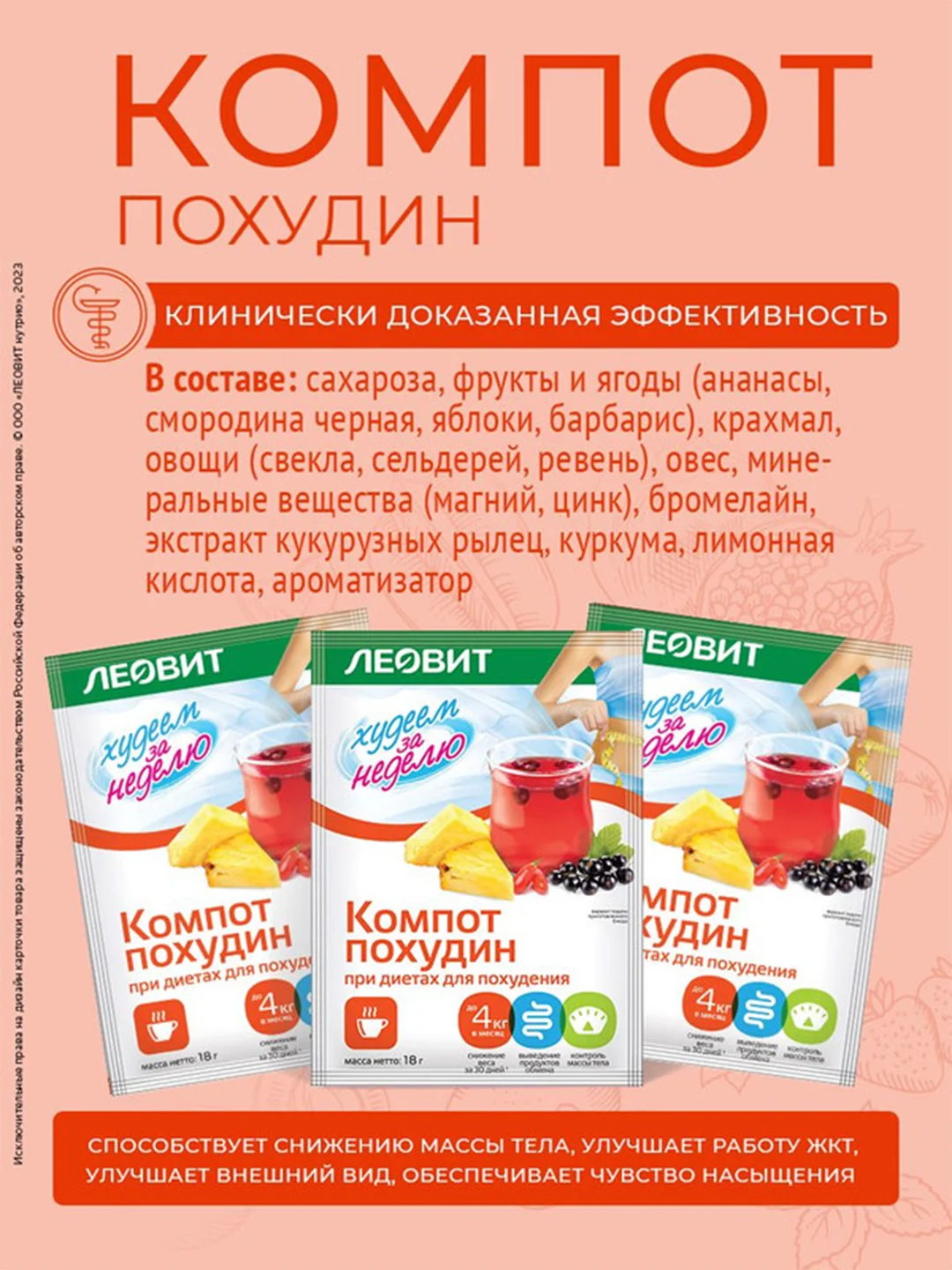 Компот Леовит Худеем за неделю "Похудин", 5 пакетов по 18 г