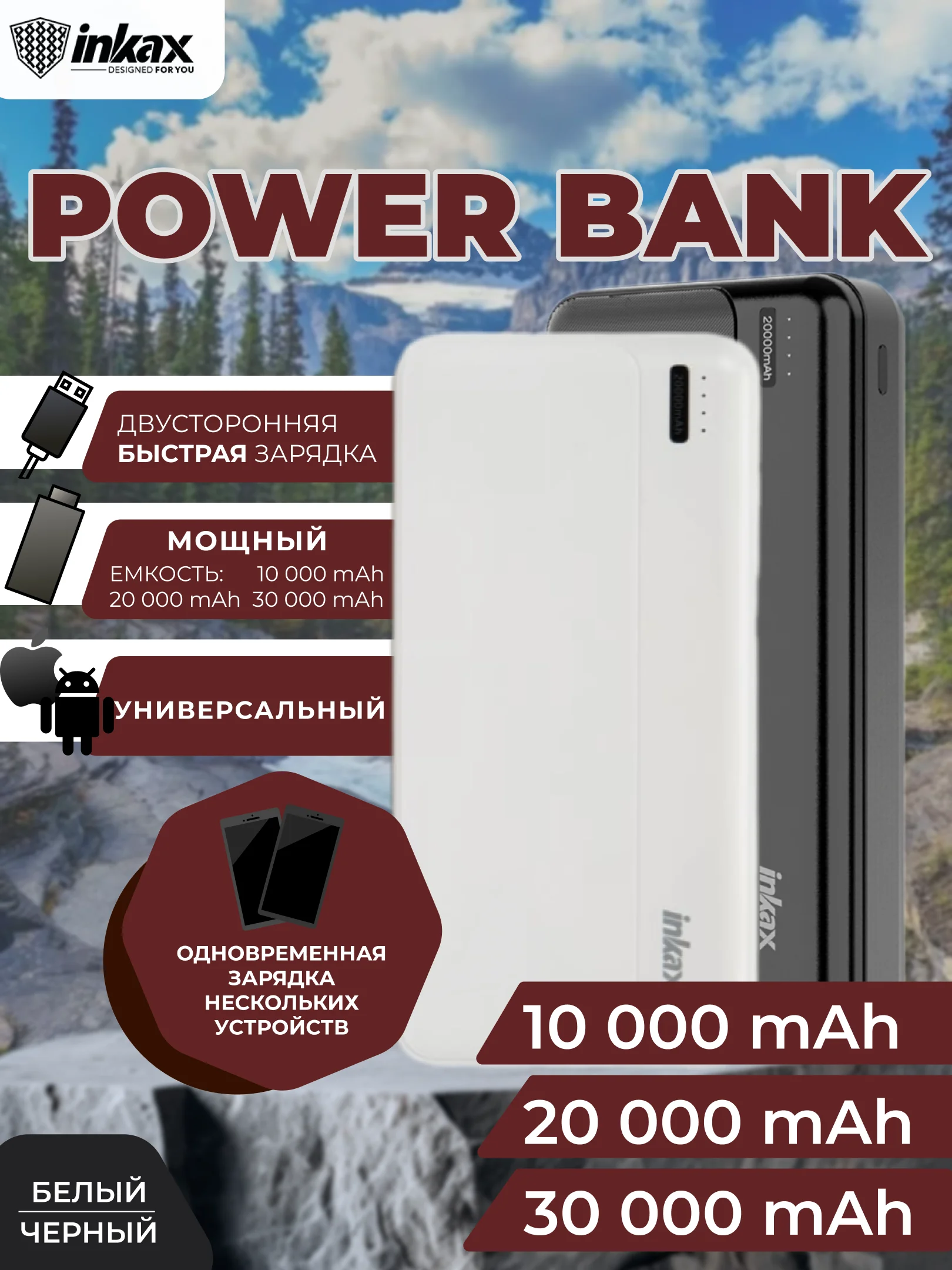 Повербанк 10000 / 20000 / 30000 mAh, внешний аккумулятор Inkax, портативный, Power Bank