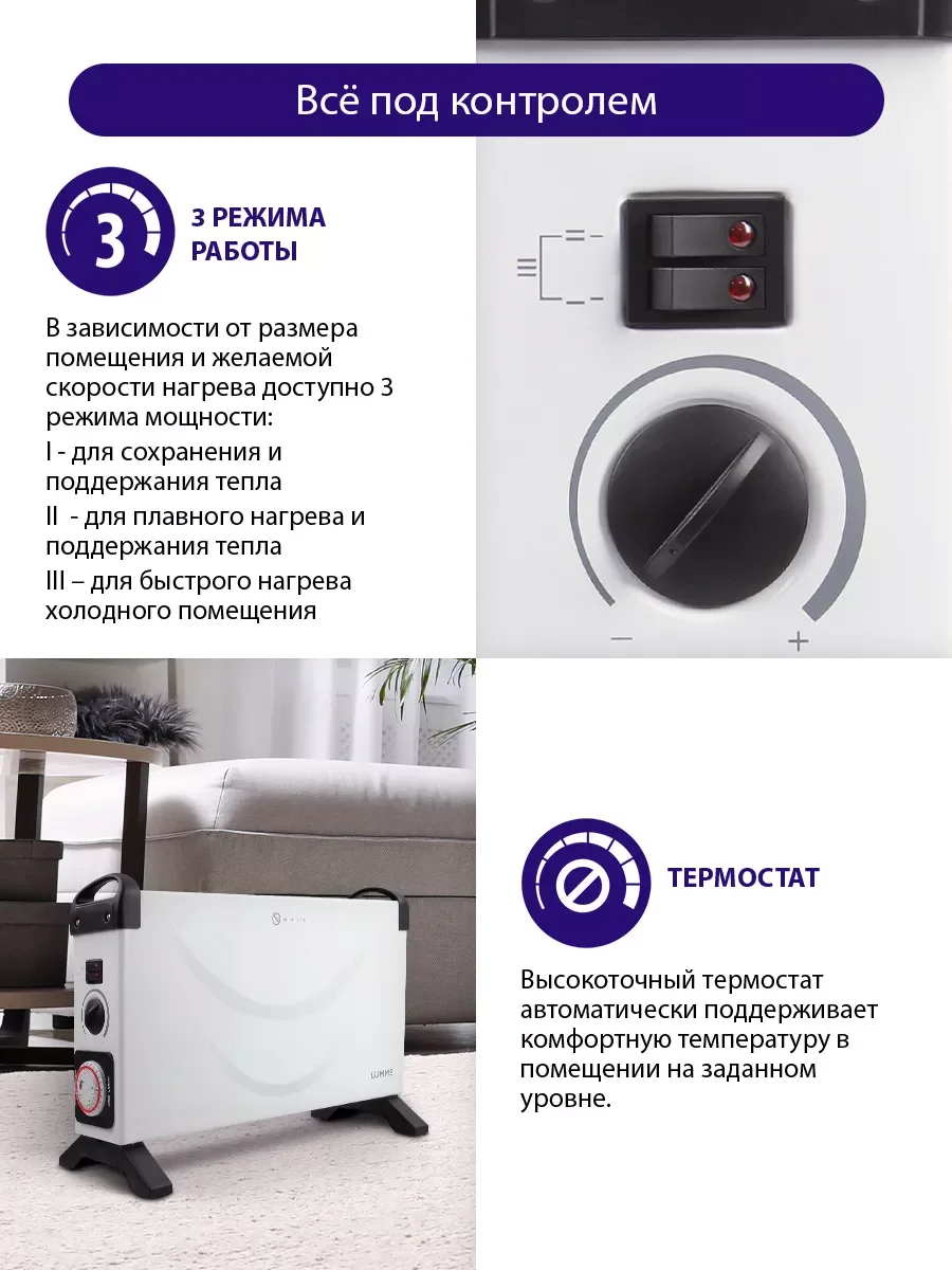 Белый конвекторный обогреватель LUMME LU-CH608A с креплением для настенного монтажа и таймером