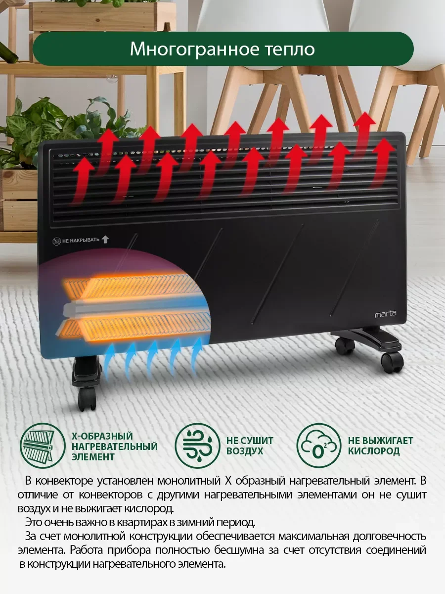 Черный конвекторный обогреватель MARTA MT-CH2452D с креплением для настенного монтажа 3000 Вт