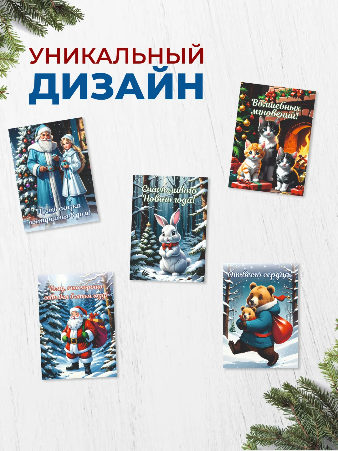 Новогодние открытки мини набор в ретро стиле с милыми пожеланиями