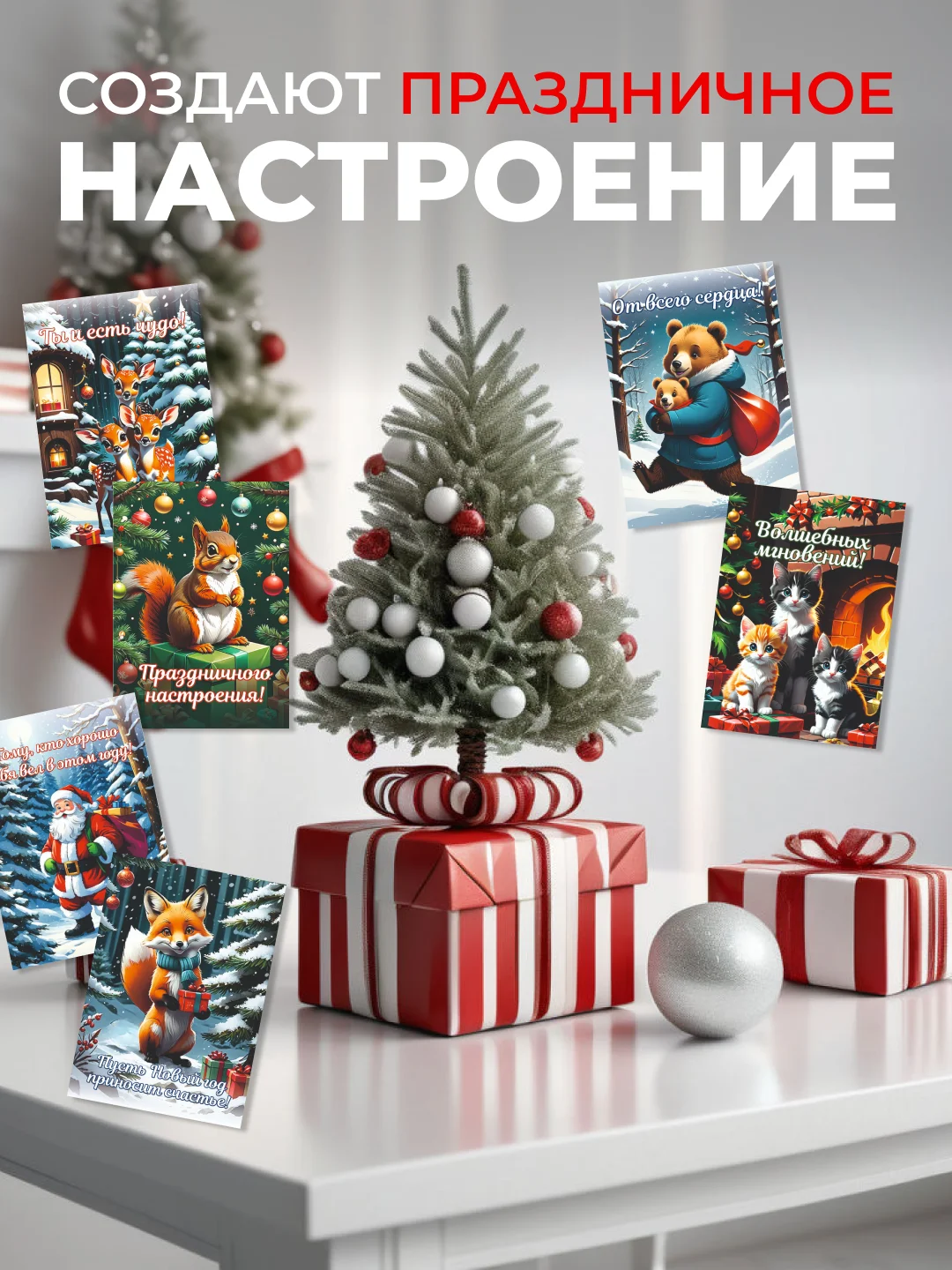 Новогодние открытки мини набор в ретро стиле с милыми пожеланиями