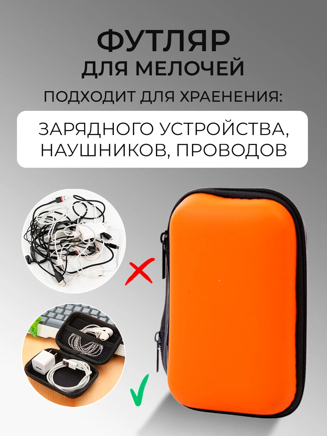 Оранжевый футляр кейс для зарядных устройств, проводов, наушников, аксессуаров, чехол-органайзер