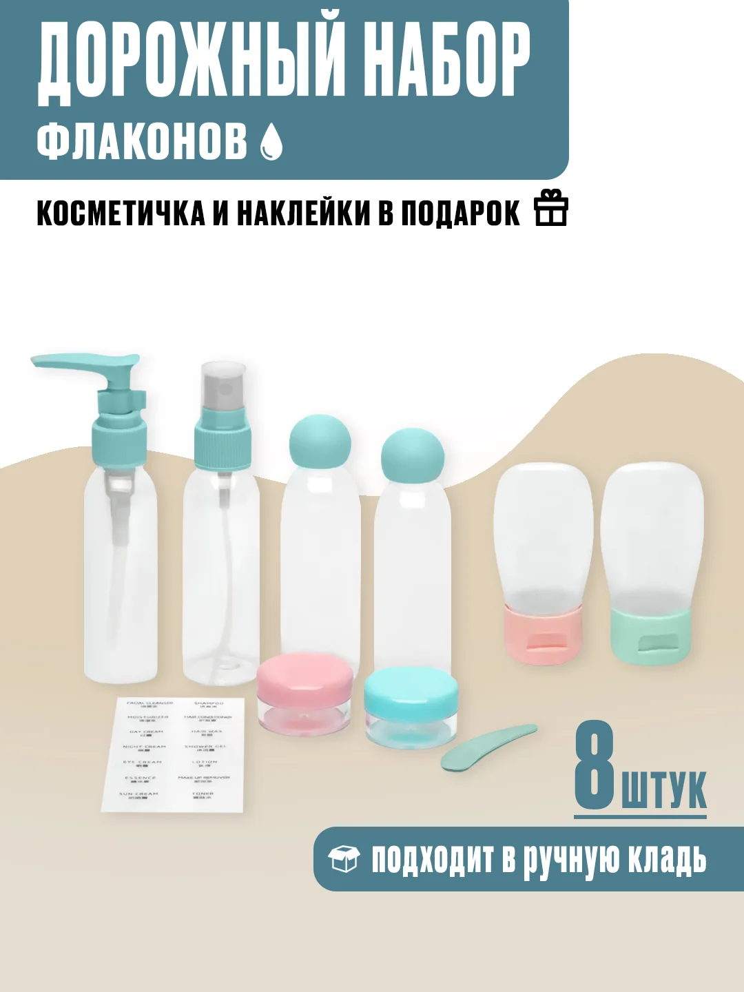 Голубой дорожный набор флаконов для путешествий, в косметичке