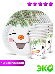 Набор для праздника Снеговички (стакан, тарелка мал., по 12 шт.)