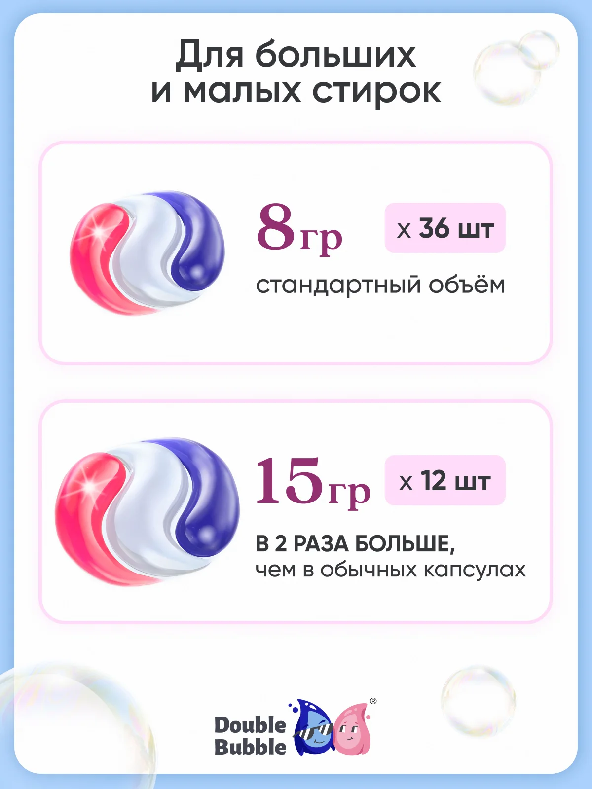 Капсулы универсальные "Double Bubble" для больших и малых стирок, 48 шт