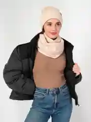 Пудровый шапка женская, снуд в комплекте, флисовый подклад