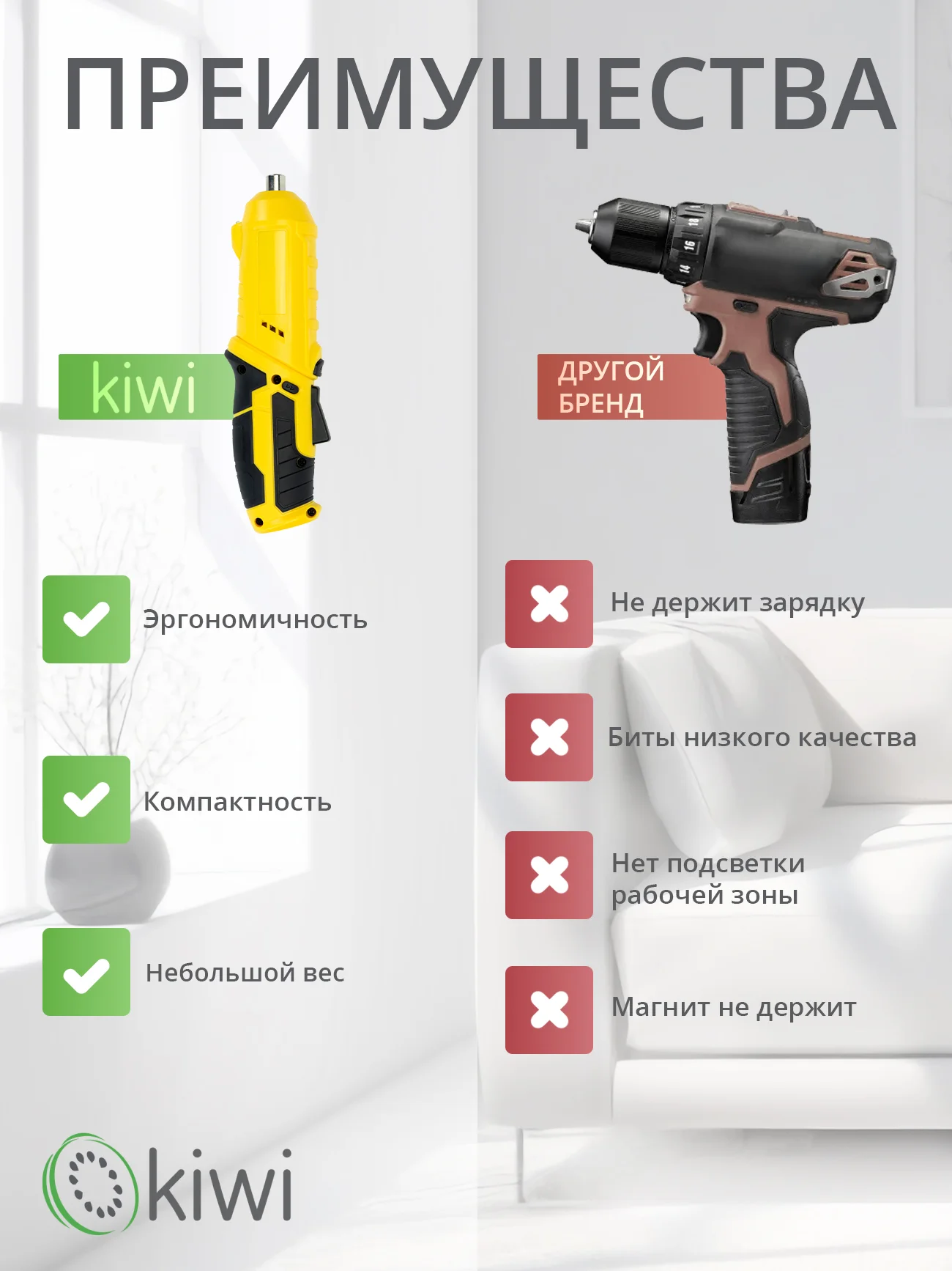 Аккумуляторная электроотвертка трансформер KIWI KHSD-7511 12 насадок / отвертка шуруповерт
