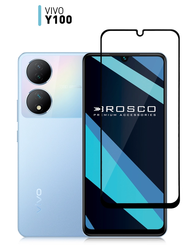 Стекло для Vivo Y100 защитное ROSCO прозрачное с олеофобным покрытием и черной рамкой