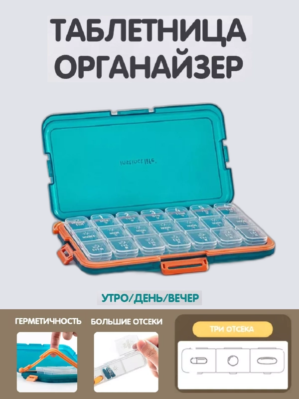 Таблетница-органайзер (на неделю), бирюзовая, большая